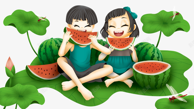 卡通手绘坐在荷叶上吃西瓜的psd免抠素材_新图网 https://ixintu.com 上吃西瓜的女孩 免抠卡通手绘坐在荷叶上吃西瓜的女孩免费下载 卡通 坐在荷叶 手绘 男孩 荷花装饰 蜻蜓