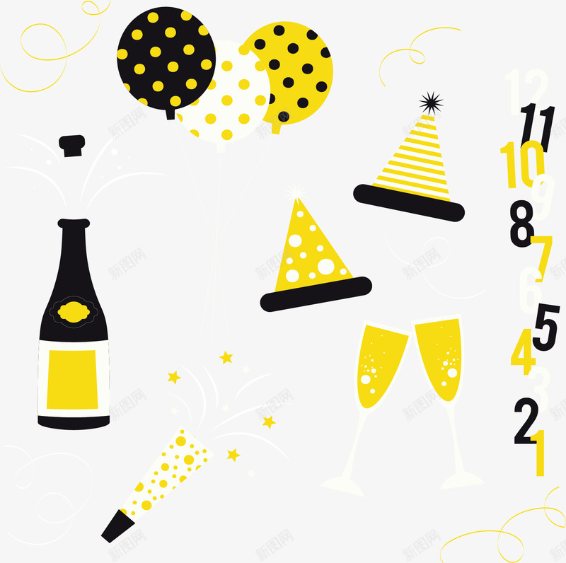 黑色黄色新年派对矢量图ai免抠素材_新图网 https://ixintu.com 2019 2019新年 新年 新年快乐 新年派对 矢量png 矢量图
