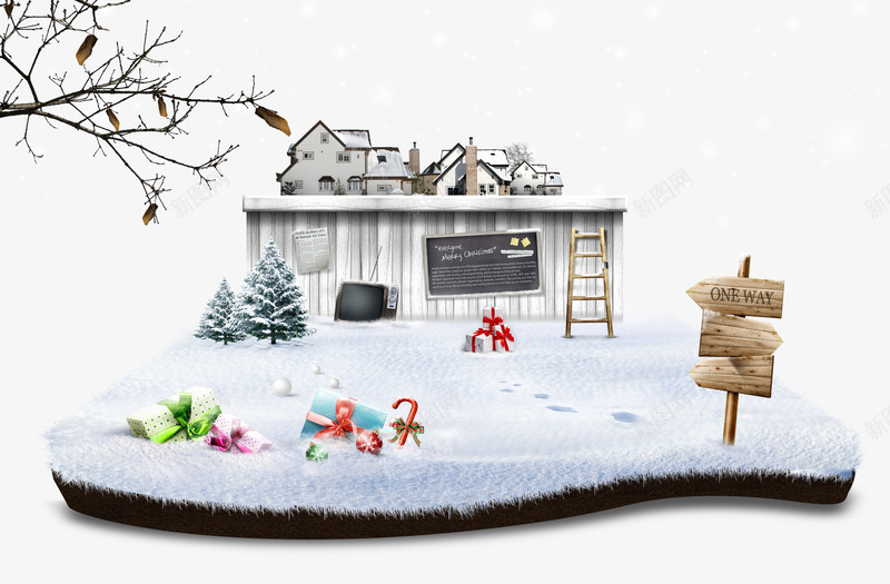 圣诞雪地房子png免抠素材_新图网 https://ixintu.com 下雪场景 动漫雪景 礼盒 雪屋