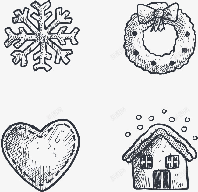 雪花素描圣诞节装饰图标png_新图网 https://ixintu.com 免抠png素材 免费png素材 小房子 手绘 爱心 花环 雪花片 雪花绘画