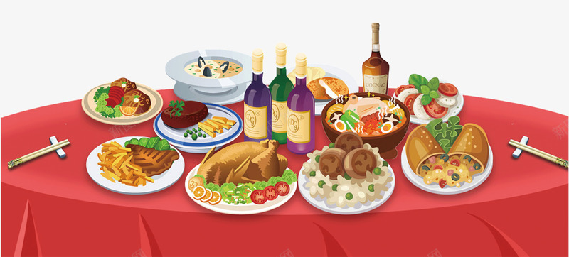插画风格年夜饭png免抠素材_新图网 https://ixintu.com 中国风 中秋团圆饭 喜庆 团圆饭 年味食足 新年 红色 红色背景 美食促销 过新年