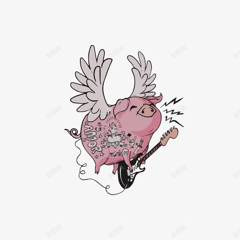 可爱小猪png免抠素材_新图网 https://ixintu.com 吉他 小猪 翅膀 音乐素材