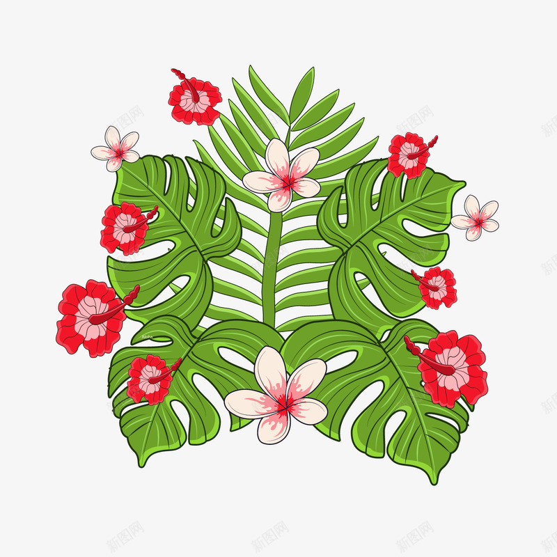 彩色夏威夷热带花卉树叶矢量图ai免抠素材_新图网 https://ixintu.com 卡通植物 夏威夷植物 夏季植物 小清新 红色花朵 绿色叶子 矢量图