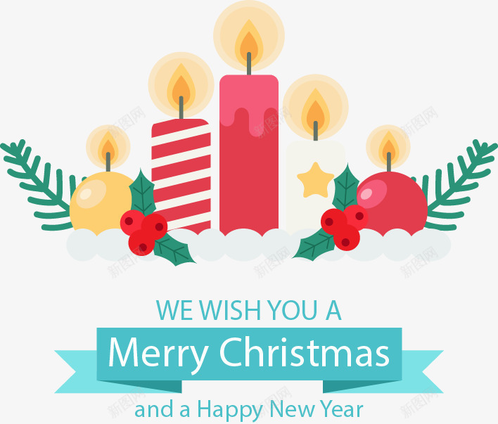 新年贺卡png免抠素材_新图网 https://ixintu.com 免扣png素材 免费png素材 圣诞装饰 圣诞贺卡 新年快乐 火光蜡烛