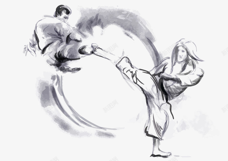 中国风绘画png免抠素材_新图网 https://ixintu.com 中国功夫 中国风 手绘 格斗 武功切磋 绘画 耍功夫 跆拳道 踢腿