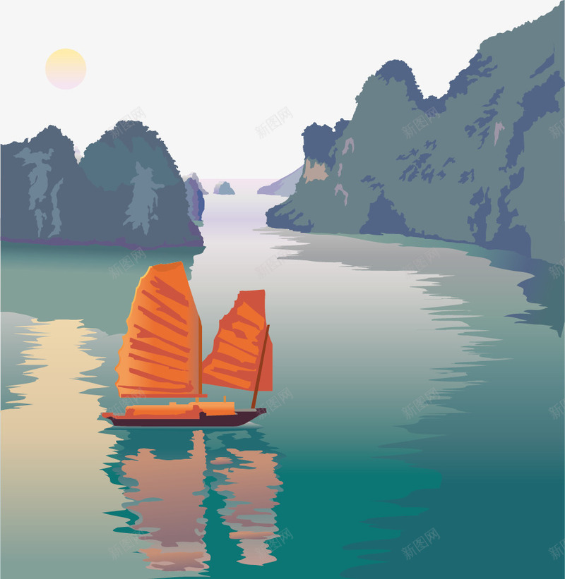 河道船只png免抠素材_新图网 https://ixintu.com 免费矢量下载 山林 帆船 插画