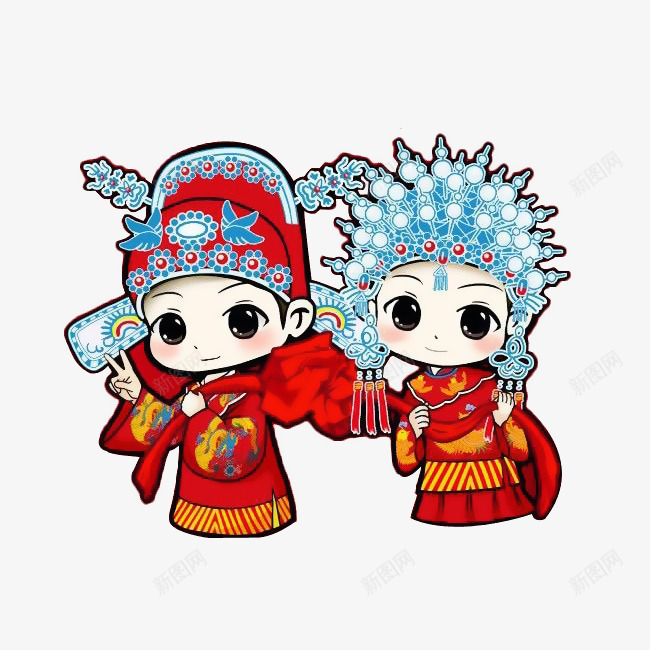 卡通中国风古典新郎新娘png免抠素材_新图网 https://ixintu.com 中国风 中国风红嫁衣新娘 凤冠 卡通 古典 古装新娘 古风 婚庆 新郎