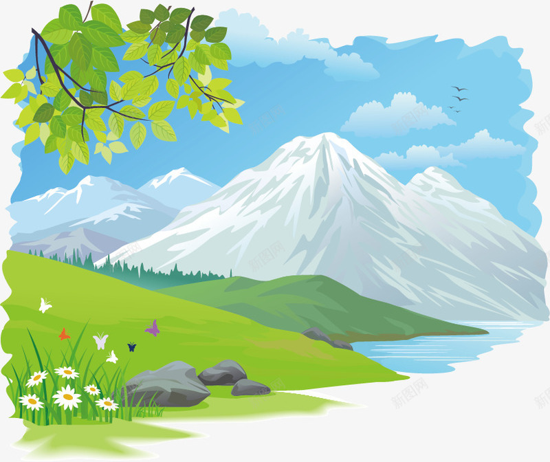 美丽的风景png免抠素材_新图网 https://ixintu.com 卡通画 湖泊 美丽 背景素材 自然 自然景观 草地 蓝天 野花 雪山 风景