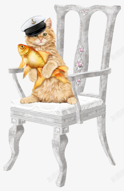 手绘黄猫png免抠素材_新图网 https://ixintu.com 可爱 帽子 椅子 金鱼 银色