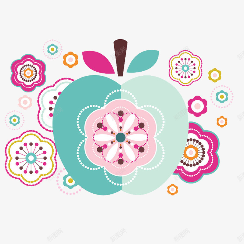 新春贺卡图案png免抠素材_新图网 https://ixintu.com 可爱 浅蓝色 玫红色 花朵 苹果形