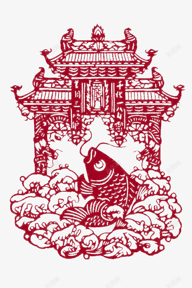 鲤鱼跃龙门png免抠素材_新图网 https://ixintu.com 中国风 剪纸 古风 窗花 红色 高考跃龙门 鲤鱼