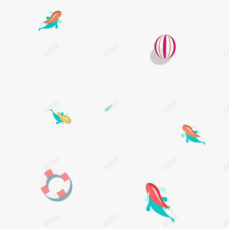 夏季海边psd免抠素材_新图网 https://ixintu.com PNG图形 PNG装饰 圆球 小鱼 游泳圈 装饰