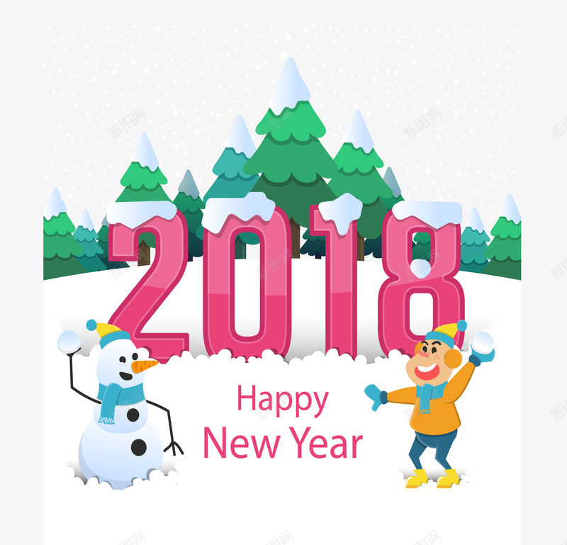 创意2018年雪人和男孩贺卡png免抠素材_新图网 https://ixintu.com 2018年 打雪仗 新年快乐 松树 男孩 积雪 贺卡 雪人 雪花