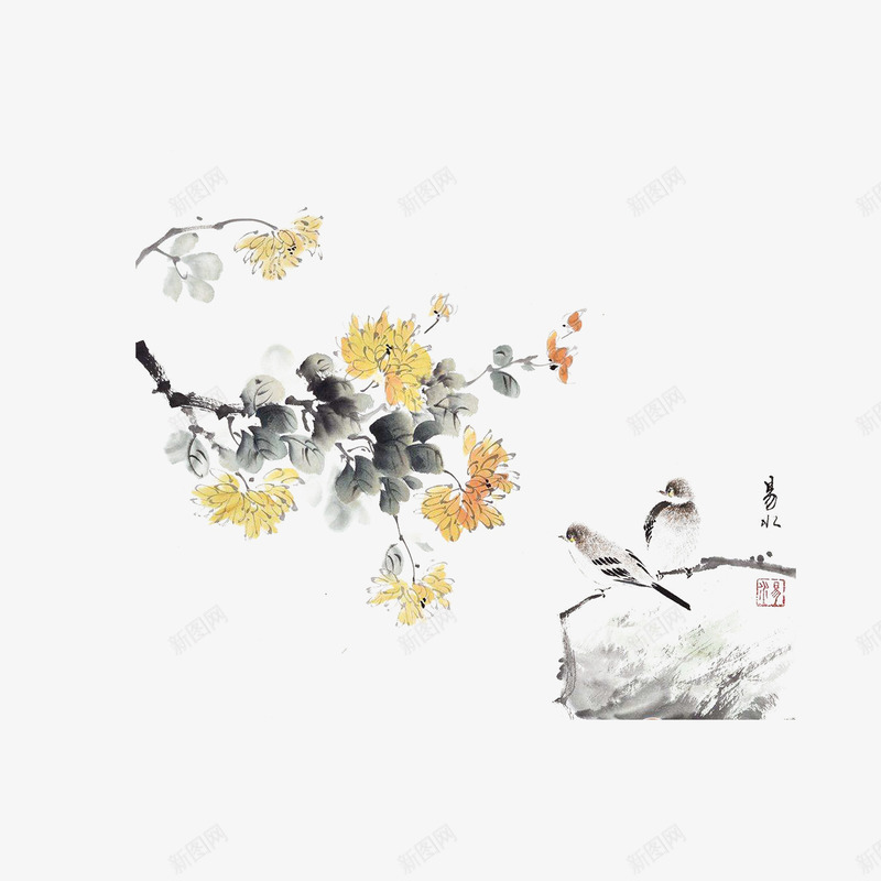 中国风花鸟png免抠素材_新图网 https://ixintu.com 中国风花鸟 国画 国画菊花 水墨画 水墨菊花 菊花