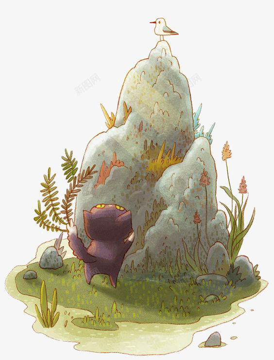 想抓小鸟的小猫png免抠素材_新图网 https://ixintu.com 卡通 小猫 小鸟 手绘 插画 石头 童话绘本