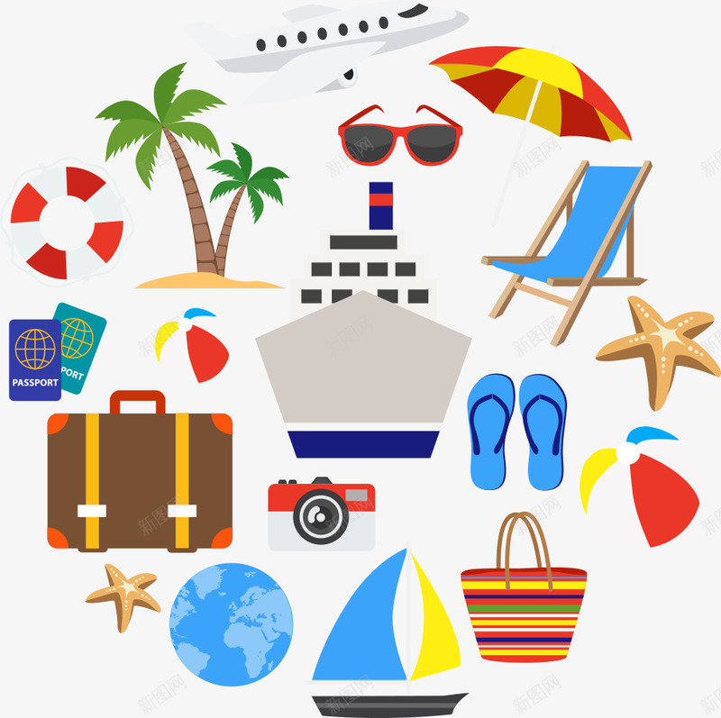 圆形的彩色旅游矢量图ai免抠素材_新图网 https://ixintu.com 帆船 彩色旅游 旅游 眼镜 箱子 飞机 矢量图