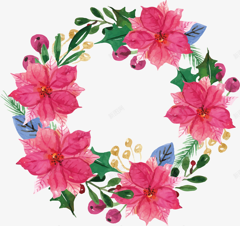 粉色水彩花朵花环png免抠素材_新图网 https://ixintu.com 圣诞节 圣诞花环 矢量png 粉色花朵 粉花花环 花环