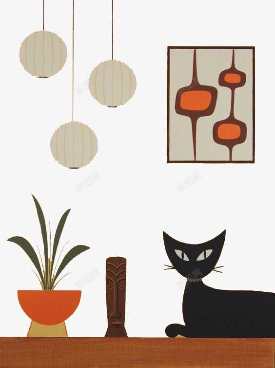 房间里的猫咪png免抠素材_新图网 https://ixintu.com 吊灯 猫咪 盆栽 黑猫