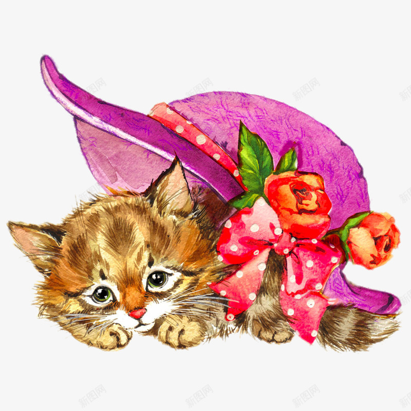 卡通水彩画猫咪png免抠素材_新图网 https://ixintu.com png图片素材 免费png素材 卡通水彩画猫咪 帽子 手绘