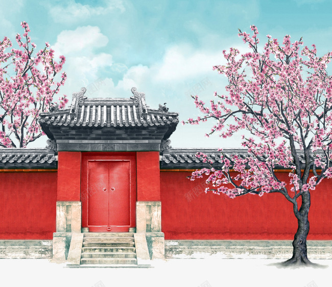 红墙青瓦png免抠素材_新图网 https://ixintu.com 中国风 四合院 手绘 树木 桃花 瓦片 红墙 雪地