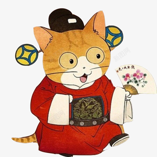 财神猫水彩画片png免抠素材_新图网 https://ixintu.com 戴黑帽子 手拿折扇 水彩手绘 笑脸 财神服装 黄色猫