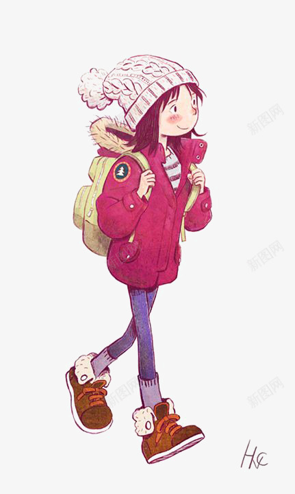 女生png免抠素材_新图网 https://ixintu.com 卡通 小姑娘 帽子 手绘 红色外套 背包