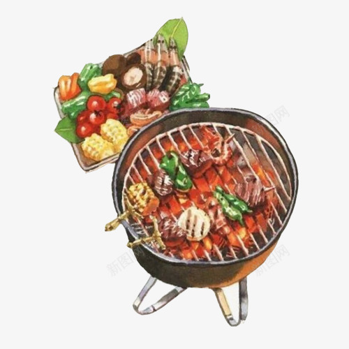 烤肉色彩画片psd免抠素材_新图网 https://ixintu.com 手绘食物 烤肉 烧烤架 蔬菜