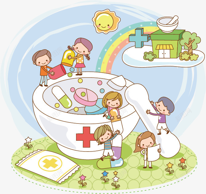 医疗卡通图png免抠素材_新图网 https://ixintu.com 儿童 医疗 医疗素材 医院 卡通动漫 彩虹 插图 玩耍 草地 药品 药品封面