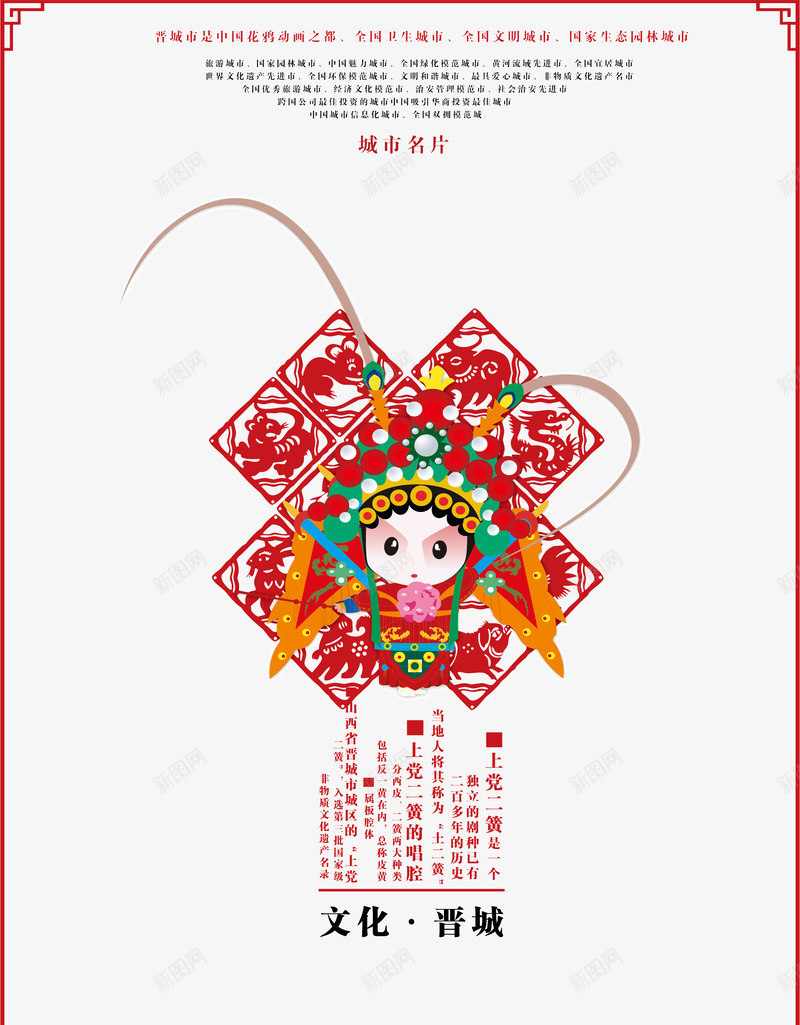 京剧城市文化海报PSDpng免抠素材_新图网 https://ixintu.com 中国风展板 中国风设计元素 中式 京剧 创意 剪纸 剪纸京剧城市文化海报 卡通 城市 城市名片 宣传 宣传教育 文明 晋城