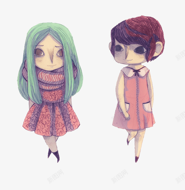 手绘绿发女孩短发png免抠素材_新图网 https://ixintu.com 创意设计 可爱卡片 手绘插画