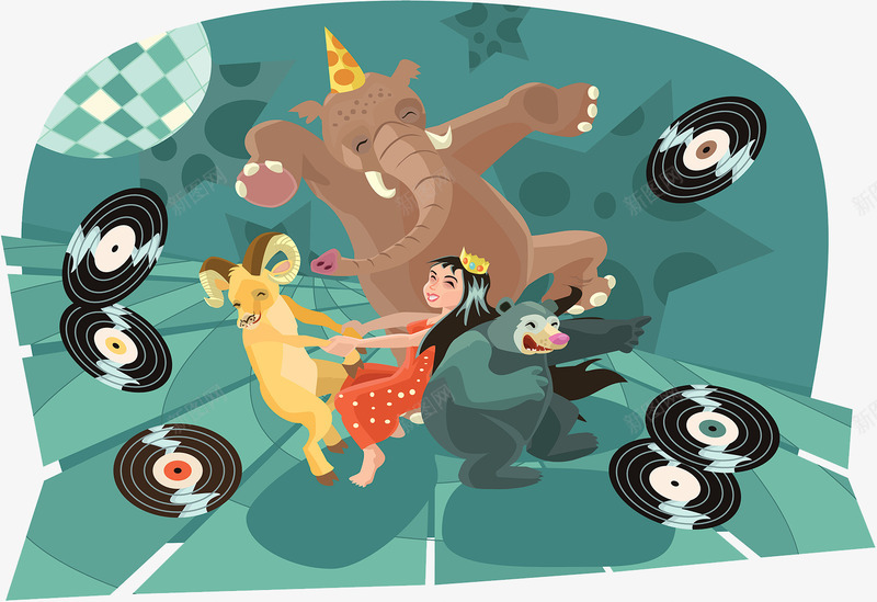 动物音乐派对png免抠素材_新图网 https://ixintu.com 动物派对 插画 舞会 黑胶碟