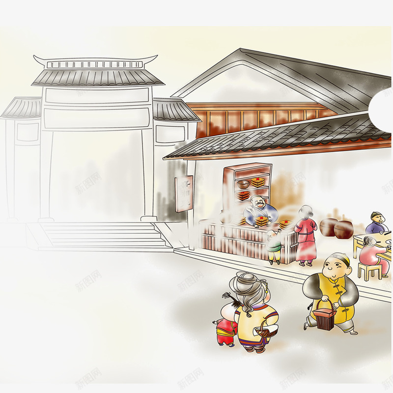 卡通古代市集画面png免抠素材_新图网 https://ixintu.com 中国风 卡通 古代 古风 四合院 市集