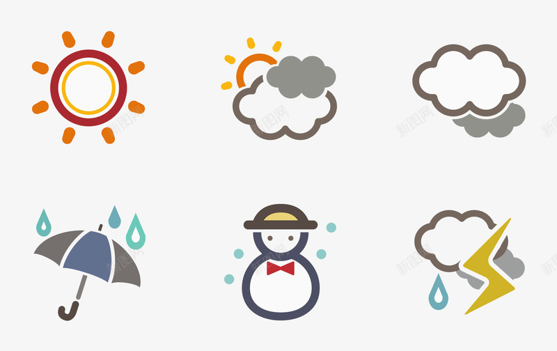 手绘天气图标png_新图网 https://ixintu.com 下雨 卡通雨点 多去 天气图标 太阳 手绘 雨水 雨滴 雪人 雷雨 风雨气温图