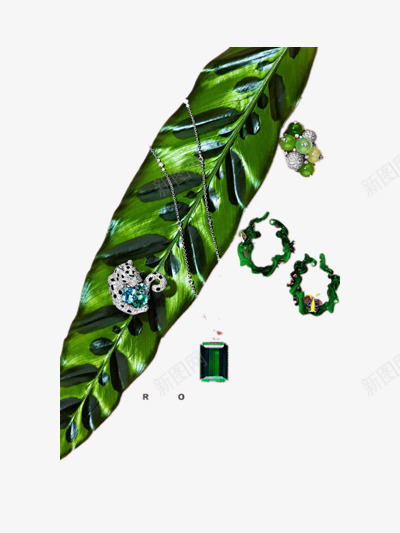 植物与珠宝png免抠素材_新图网 https://ixintu.com 叶子 绿色 耳环 项链