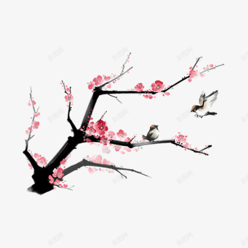 水墨冬季寒梅小鸟手绘插图png免抠素材_新图网 https://ixintu.com 中国风 冬季 古典 国画 寒梅 小鸟 插图 树枝 梅花 水墨 花卉