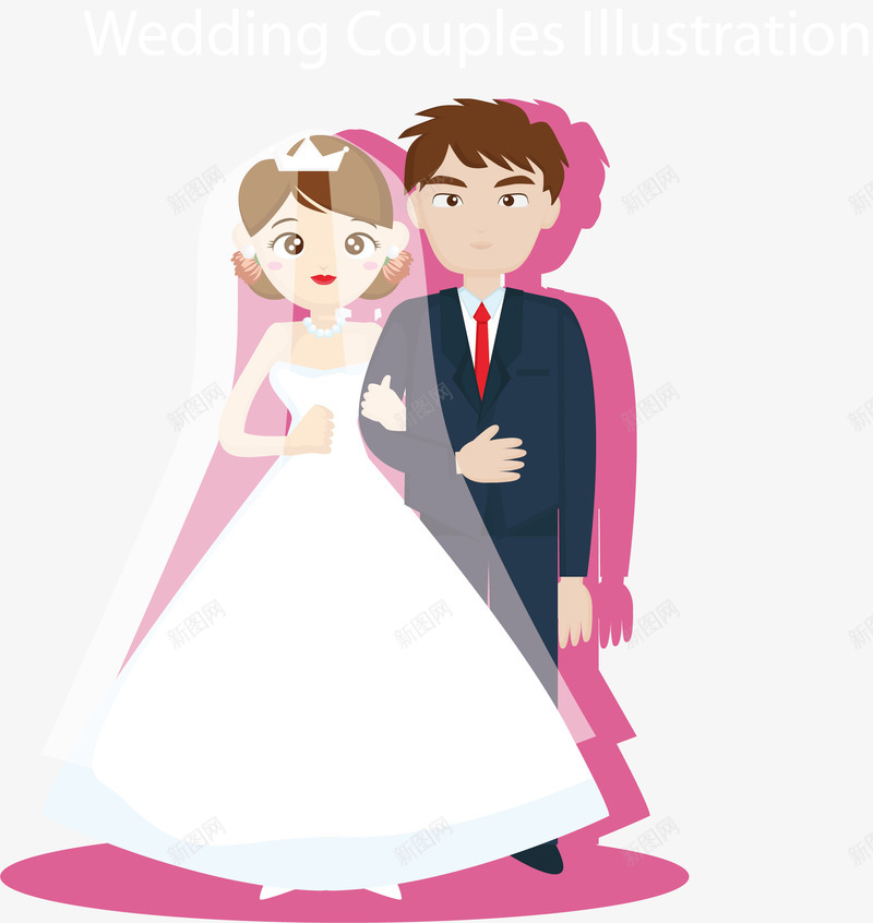 结婚夫妇png免抠素材_新图网 https://ixintu.com 头纱 婚纱 手绘 粉色背景 结婚夫妇 西装男人