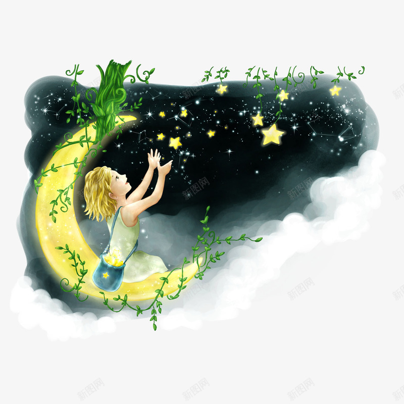 唯美星空png免抠素材_新图网 https://ixintu.com 创意 唯美星空 扁平星空 星光 星星 星空 月亮 漂亮女孩 藤蔓