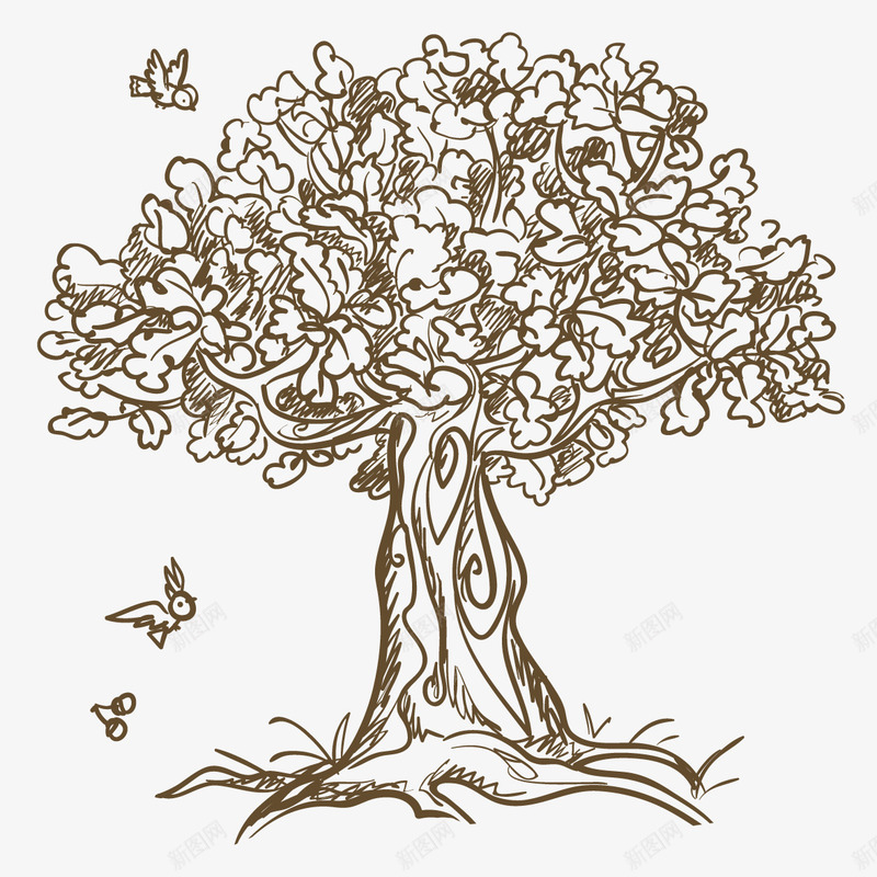 手绘线描风格大树png免抠素材_新图网 https://ixintu.com 卡通大树 古树 小鸟 手绘树木卡通 树木 树木插画 海报设计 装饰设计