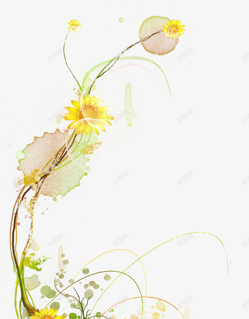 墨迹喷溅花朵藤蔓psd免抠素材_新图网 https://ixintu.com 树蔓 花卉 花朵 藤条 藤蔓 装饰背景 黄色小花