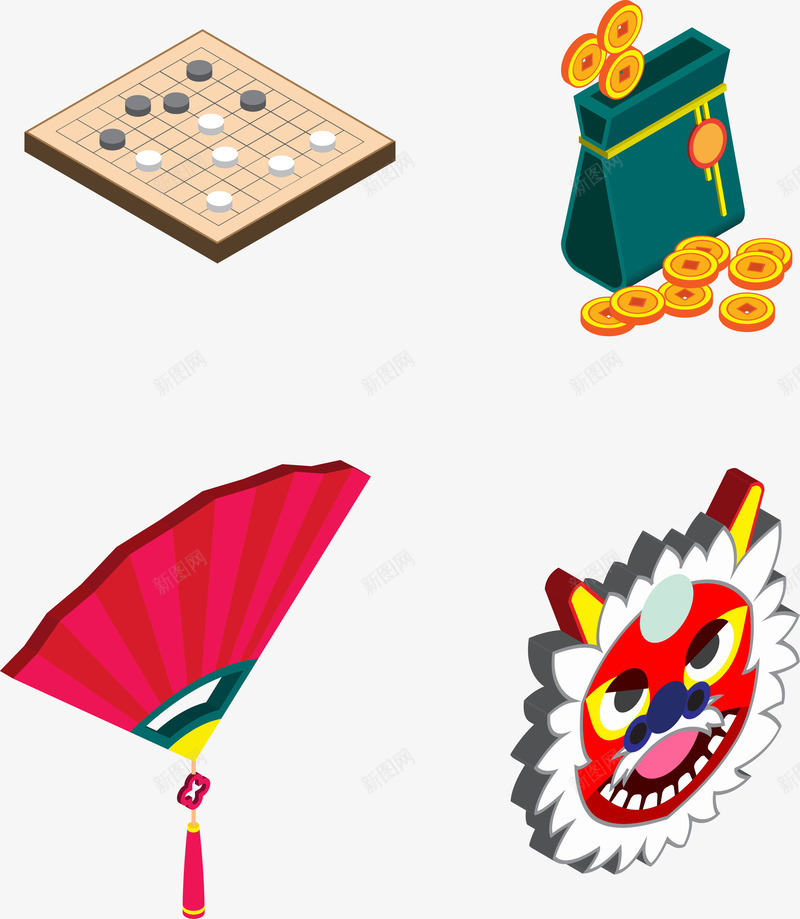 民族特色风图标png_新图网 https://ixintu.com 中国风 中国风ico 围棋 图标icon 棋盘 狮子 红色扇子 钱币