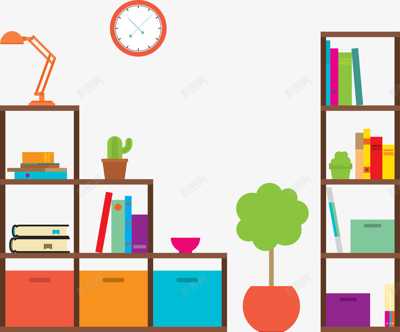 书架矢量图ai免抠素材_新图网 https://ixintu.com 书房 书架 多宝格 时钟 盆栽 矢量图