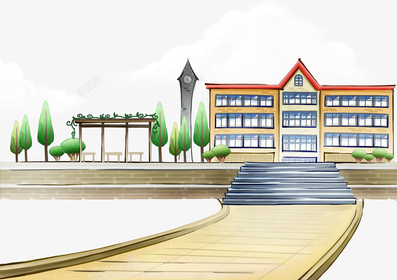 彩绘背景psd免抠素材_新图网 https://ixintu.com 学习 学校 小道 彩绘背景 教室 树 模板