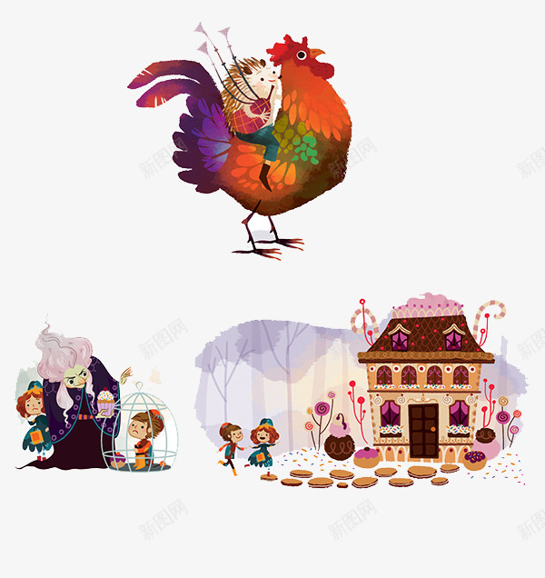 卡通公鸡女巫房子png免抠素材_新图网 https://ixintu.com 创意设计 可爱卡片 手绘插画