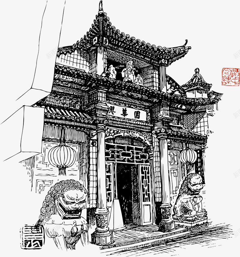 中国古代街边建筑酒楼png免抠素材_新图网 https://ixintu.com 中国风建筑 古代街道 古代酒楼 小曲儿 灯笼 石狮 线描