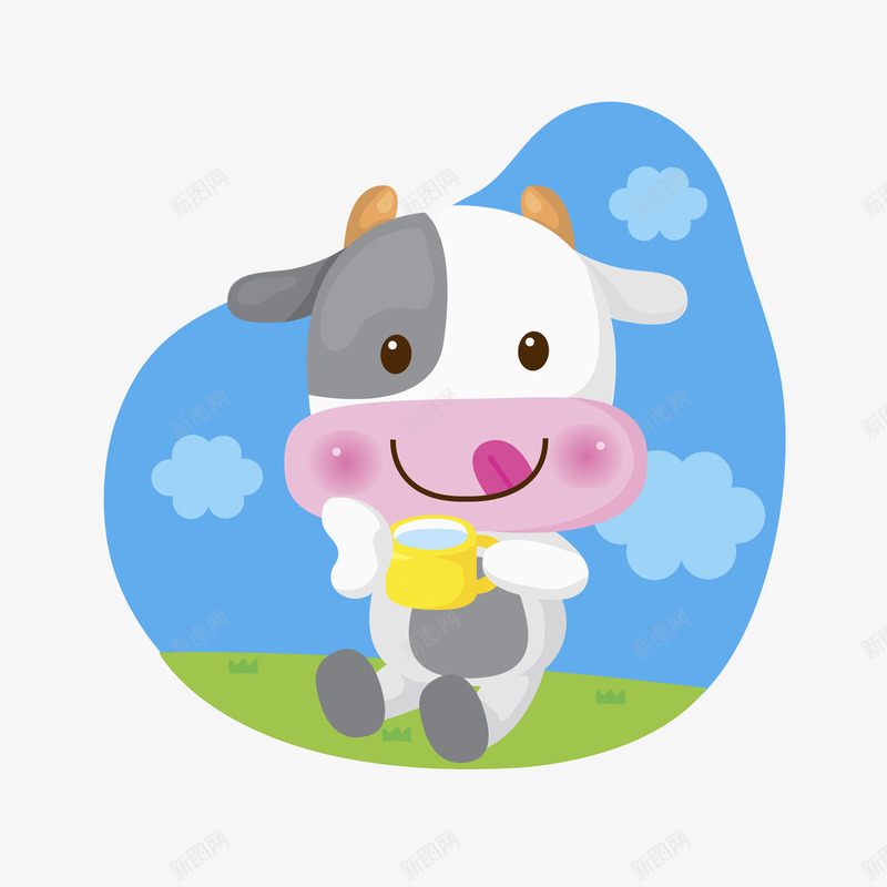 斑纹奶牛png免抠素材_新图网 https://ixintu.com 吐舌头 奶牛 手绘 斑纹 牛奶 茶杯 草地 蓝天白云