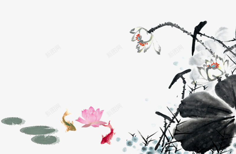 红莲金鱼墨荷池塘psd免抠素材_新图网 https://ixintu.com 中国画 中国风书封面 书封面装饰 墨荷池塘 宣传装饰 水墨海报 金鱼红莲