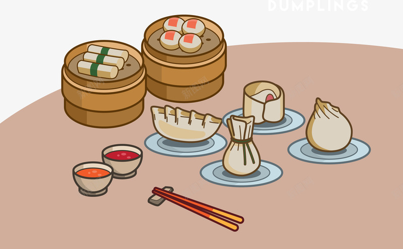 卡通早餐面食png免抠素材_新图网 https://ixintu.com 包子 筷子 蒸笼 辣椒 饺子