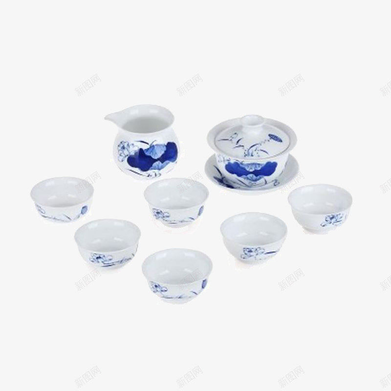 瓷器套具png免抠素材_新图网 https://ixintu.com 大茶杯 小杯子 荷叶 青花瓷