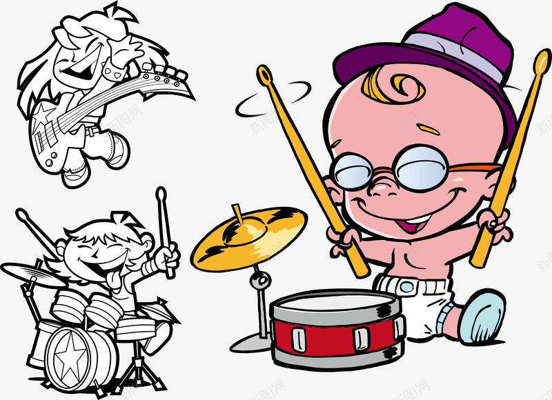 卡通音乐插画png免抠素材_新图网 https://ixintu.com EPS格式 儿童 卡通 吉他 插画 架子鼓 矢量素材 线稿 音乐