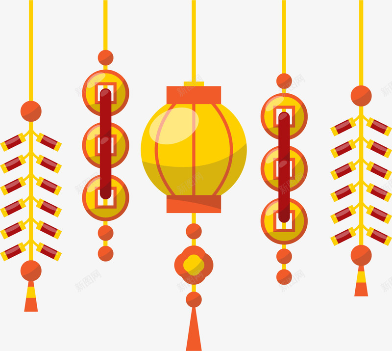 春节灯笼鞭炮挂饰png免抠素材_新图网 https://ixintu.com 春节挂饰 春节灯笼 春节鞭炮 红色鞭炮 黄色灯笼 黄色铜钱